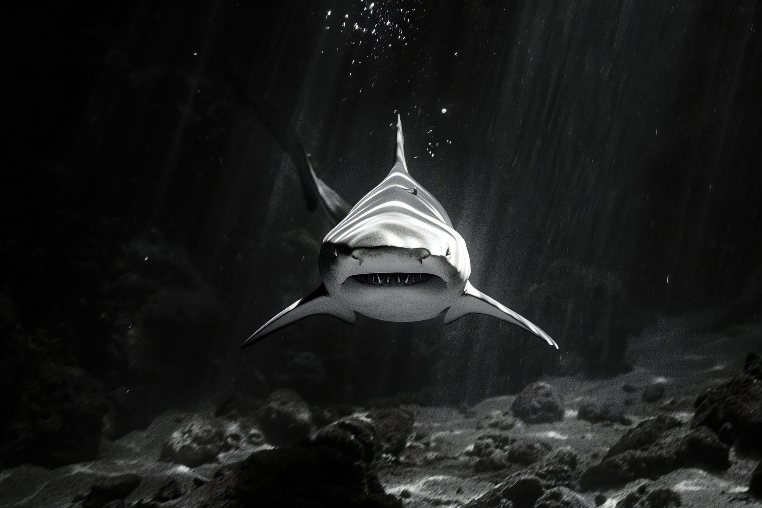 black-white-photography-shark-dark-underwater-shot
